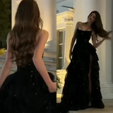 Elegant Ball Gown Strapless Black Sequin Layers Slit Long Prom Dresses Formal Dress HZ1024