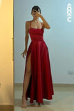 Elegant A Line Halter Red Slit Long Prom Dresses Formal Dress HZ1024