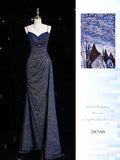 Elegant Mermaid Spaghetti Straps Navy Blue Sequin Ruffles Prom Dresses Evening Dress HZ1024