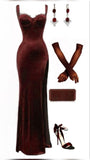 Elegant Sheath Straps Lace Velvet Burgundy Slit Prom Dresses Evening Dress With Gloves HZ1024