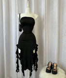 Elegant Sheath Strapless Black Chiffon Prom Dresses Ruffles Evening Dress HZ1024