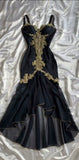 Elegant High Low Straps Black Chiffon Lace Prom Dresses Ruffles Evening Dress HZ1024