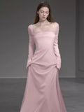 Simple Mermaid Long Sleeves Pink Long Prom Dresses HZ1024