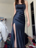 Sexy Sheath Spaghetti Straps Black Slit Long Prom Dresses Evening Dress HZ1024