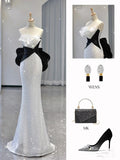 Sexy Mermaid Strapless Sequin Long Ruffles Prom Dresses Evening Dress HZ1024