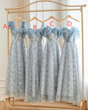 Pale Blue A Line Chiffon Tulle Lace Long Bridesmaid Dress HZ1024
