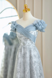 Pale Blue A Line Chiffon Tulle Lace Long Bridesmaid Dress HZ1024