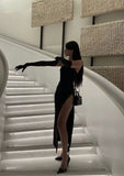 Modest Sheath Strapless Black Satin Slit Prom Dresses Evening Dress HZ1024