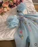 Pretty Ball Gown Sweetheart Short Puffy Sleeves Light Sky Blue Prom Dresses Long Evening Dress HZ1024