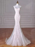 Vintage Mermaid Strapless Long White Lace Wedding Dresses HZ1024