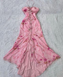 Vintage Mermaid Halter Pink Chiffon Floral Long Prom Dresses Evening Dress HZ1024