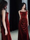 Vintage Mermaid Burgundy Velvet Long Prom Dresses HZ1024