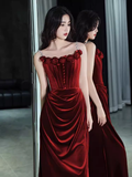 Vintage Mermaid Burgundy Velvet Long Prom Dresses HZ1024