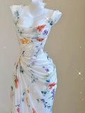 Vintage Sheath Square Neckline Long Prom Dresses White Floral Evening Dress With Ruffles HZ1024