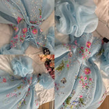 Elegant A Line Square Neckline Short Puffy Sleeves Blue Organza Long Prom Dresses Party Dress HZ1024