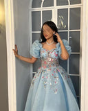 Elegant A Line Square Neckline Short Puffy Sleeves Blue Organza Long Prom Dresses Evening Dress HZ1024
