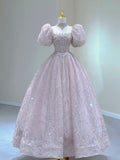 Elegant Ball Gown Square Neckline Short Puffy Sleeves Pink Beads Long Prom Dresses Evening Dress HZ1024