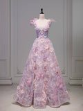 Elegant A line Square Neckline Sleeveless Floral Pink Tulle Party Dress Prom Dresses Evening Dress HZ1024