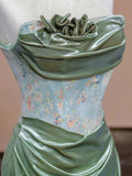 Sexy Mermaid Strapless Green Satin Evening Dress Long Prom Dresses Party Dress With Ruffles HZ1024