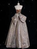 Pretty Ball Gown Strapless Floral Satin Long Prom Dress Evening Dresses With Bowknot HZ1024