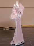 Elegant Sheath V Neckline Pink Sequin Long Prom Dress Evening Dresses With Flowers HZ1024