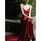 Sexy Mermaid Spaghetti Straps Burgundy Satin Prom Dresses Evening Dress With Beads HZ1024