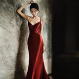 Sexy Mermaid Spaghetti Straps Burgundy Satin Prom Dresses Evening Dress With Beads HZ1024