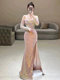 Elegant Mermaid Strapless Pink Slit Sequin Long Prom Dress Evening Dresses HZ1024