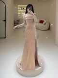 Elegant Mermaid Strapless Pink Slit Sequin Long Prom Dress Evening Dresses HZ1024
