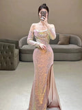 Elegant Mermaid Strapless Pink Slit Sequin Long Prom Dress Evening Dresses HZ1024