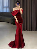 Elegant Mermaid Off The Shoulder Halter Burgundy Long Prom Dress Evening Dresses HZ1024