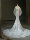 Elegant Mermaid Off The Shoulder Tulle Lace Long Wedding Dresses HZ1024