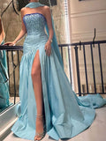Sexy Mermaid Strapless Blue Prom Dress With Beads Long Satin Prom Dresses Party Dress HZ1024