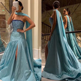 Sexy Mermaid Strapless Blue Prom Dress With Beads Long Satin Prom Dresses Party Dress HZ1024
