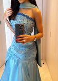 Sexy Mermaid Strapless Blue Prom Dress With Beads Long Satin Prom Dresses Party Dress HZ1024