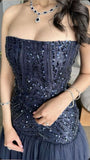 Sexy Mermaid Strapless Navy Blue Evening Dress Long Prom Dresses Party Dress With Beads HZ1024