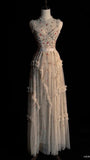 Modest A Line Scoop Tulle Flowers Long Prom Dresses HZ1024