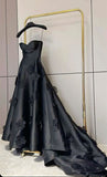 Pretty A line Sweetheart Black Satin Prom Dress Evening Dresses With Flowers HZ1024