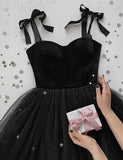 Pretty A line Straps Velvet Black Top Tulle Prom Dress Evening Dresses HZ1024
