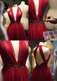 Elegant A Line V Neckline Red Tulle Long Prom Dress Evening Dresses With Beads HZ1024