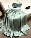 Elegant A Line 2 Pieces Strapless Mint Green Satin Long Prom Dress Evening Dresses With Beads HZ1024