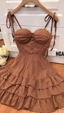 18th Birthday A Line Spaghetti Straps Brown Ruffles Homecoming Dresses Short Mini Birthday Dress HZ1024