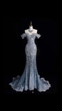 Elegant Mermaid Off The Shoulder Sequin Long Blue Wedding Dresses HZ1024