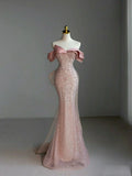 Pretty Sheath Off The Shoulder Pink Sequin Long Evening Dress Prom Dresses With Bow HZ1024