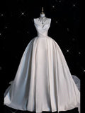 Elegant Ball Gown Satin Long White Wedding Dresses HZ1024