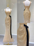 Pretty Mermaid Square Neckline Gold Sequin Long Evening Dress Prom Dresses HZ1024