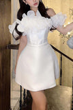 Off-Shoulder Strapless Ruffles Tulle Satin A-Line Mini Homecoming Dress HZ1024