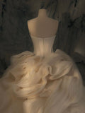Elegant Ball Gown Strapless Satin Long Tulle Wedding Dresses With Ruffles HZ1024