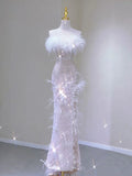 Chic Mermaid Strapless Sequin White Long Wedding Dresses With Feather HZ1024