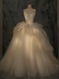 Elegant Ball Gown Strapless Satin Long Tulle Wedding Dresses With Ruffles HZ1024